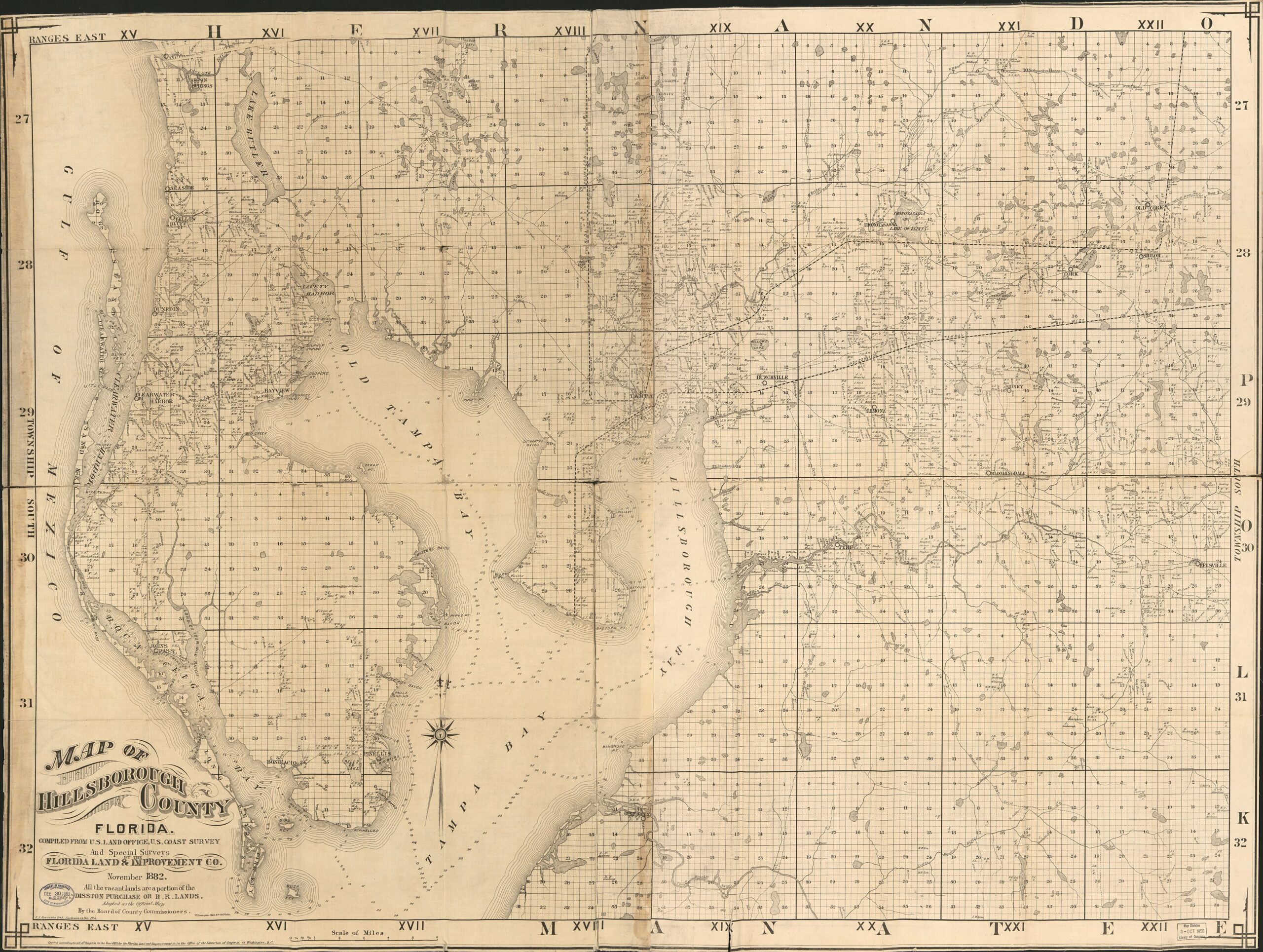 The complete November 1882 Hillsborough County map, including Tampa Bay, the Pinellas peninsula, survey sections, named owners and its original combined Disston-purchase and railroad-lands legend.