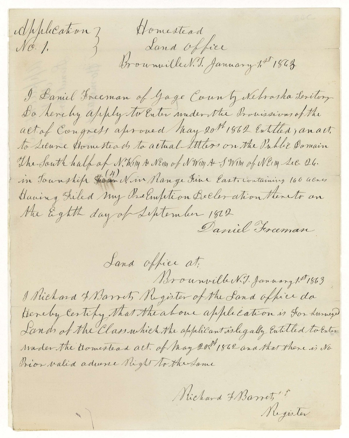Daniel Freeman's handwritten 1863 homestead application, including a fractional section description and land-office certification.