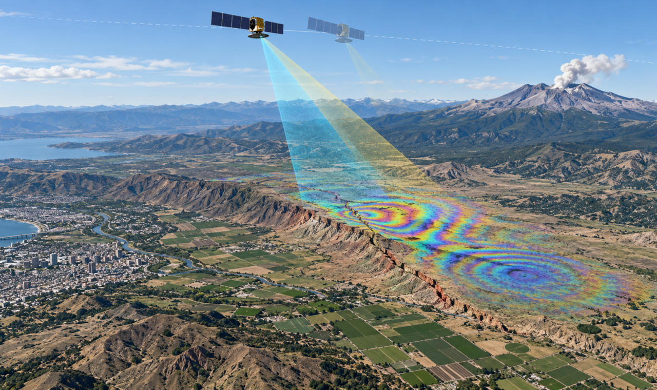 Conceptual satellite radar view of a faulted landscape with repeated observation geometry and colorful interferometric fringes marking areas of surface deformation.
