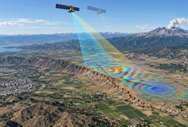 Conceptual satellite radar view of a faulted landscape with repeated observation geometry and colorful interferometric fringes marking areas of surface deformation.