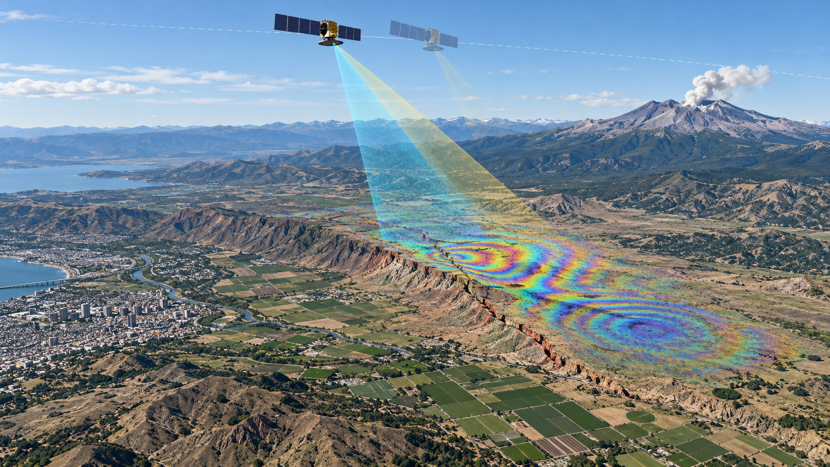 Conceptual satellite radar view of a faulted landscape with repeated observation geometry and colorful interferometric fringes marking areas of surface deformation.