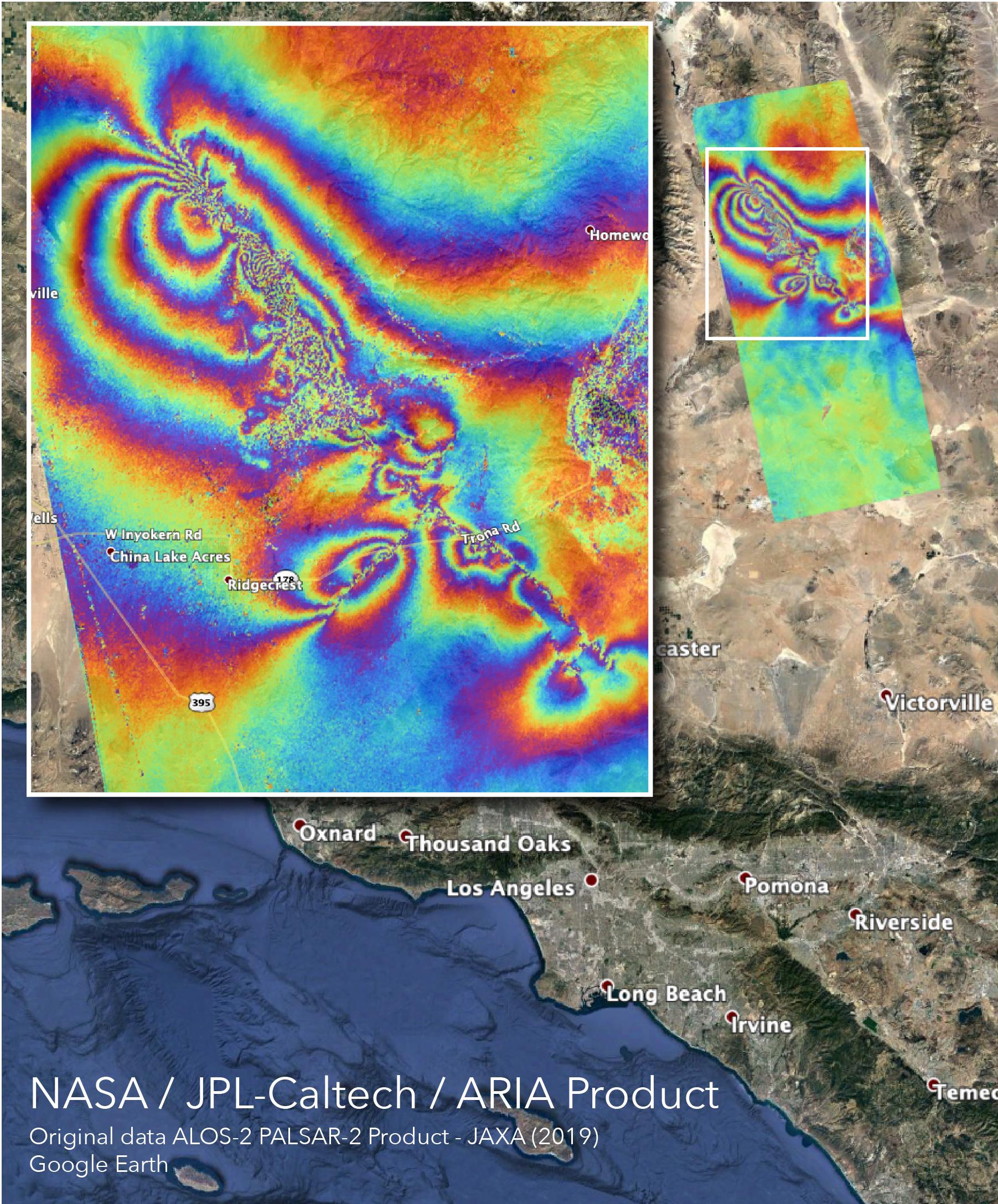 Color-fringe interferogram showing ground deformation from the July 2019 Ridgecrest earthquakes in Southern California