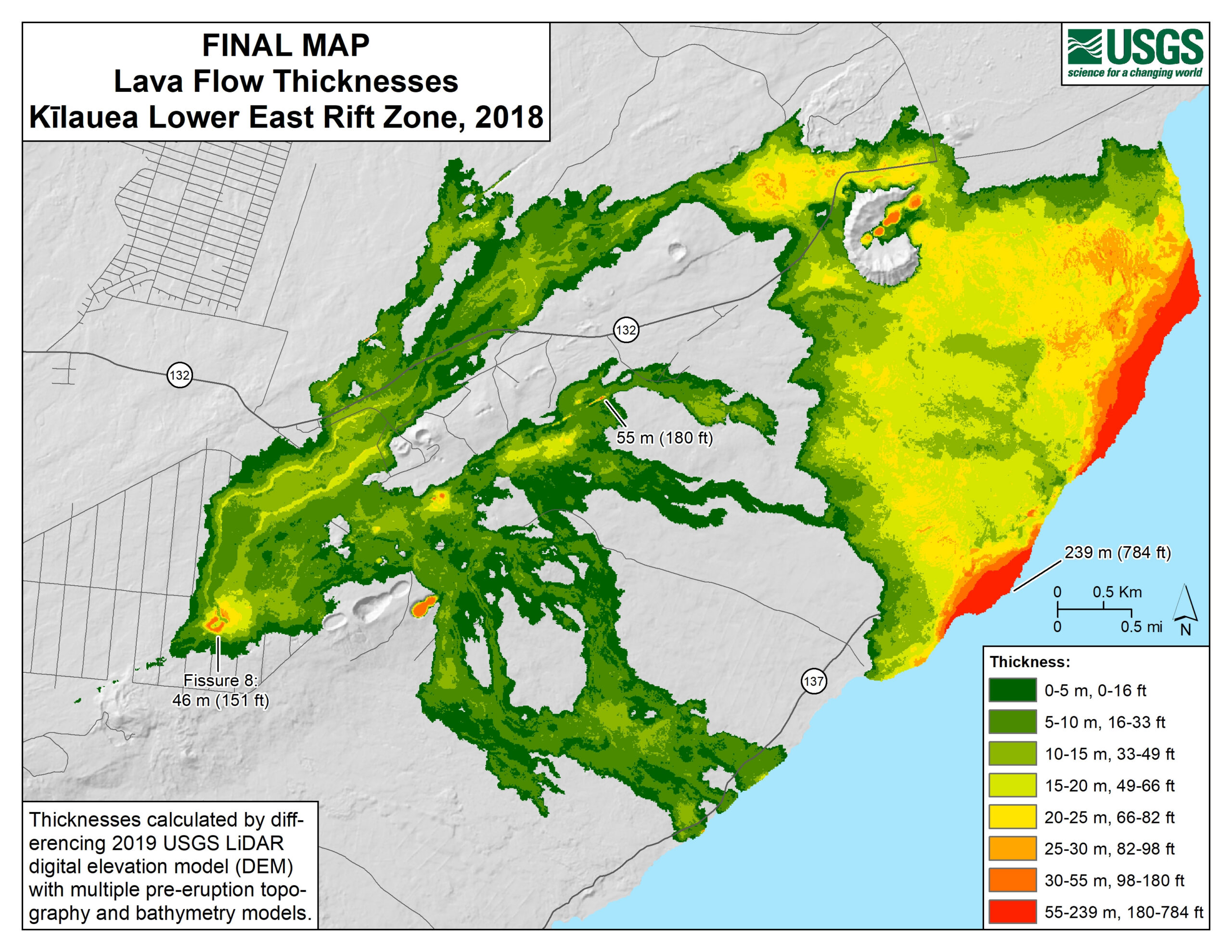 Final Map: Lava Flow Thicknesses, Kīlauea Lower East Rift Zone, 2018 — complete selected map sheet