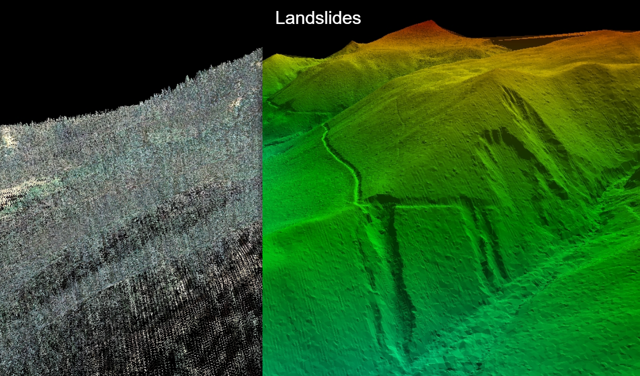 A divided landscape image compares tree-covered LiDAR data on the left with a bare-earth model revealing slope forms on the right.