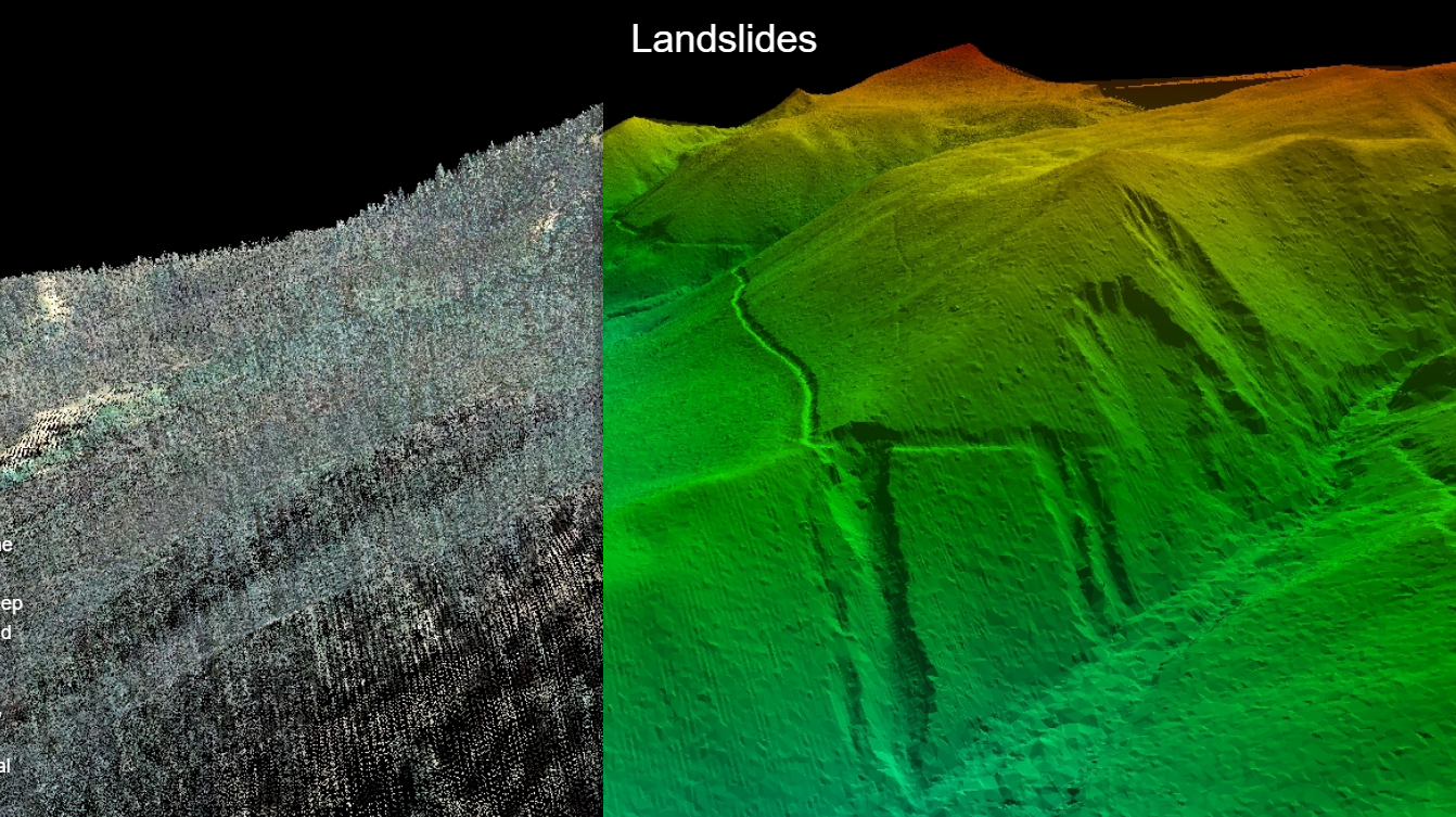 A USGS comparison shows a forested LiDAR point cloud beside a bare-earth terrain model that exposes landslide forms.