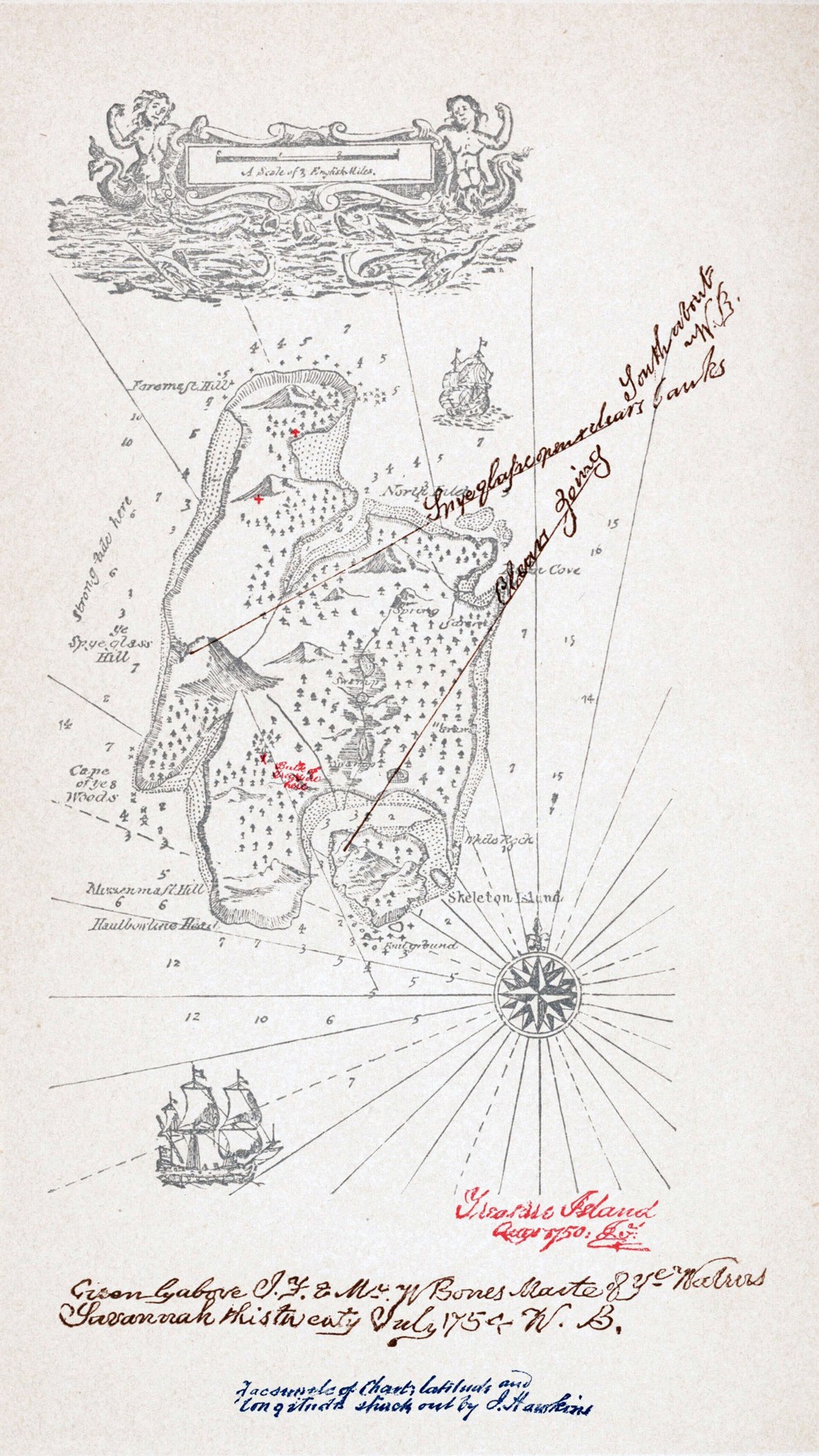 Treasure Island's fictional chart with a compass rose, English-mile scale, Spy Glass Hill, Skeleton Island, anchorages, and decorative handwriting.