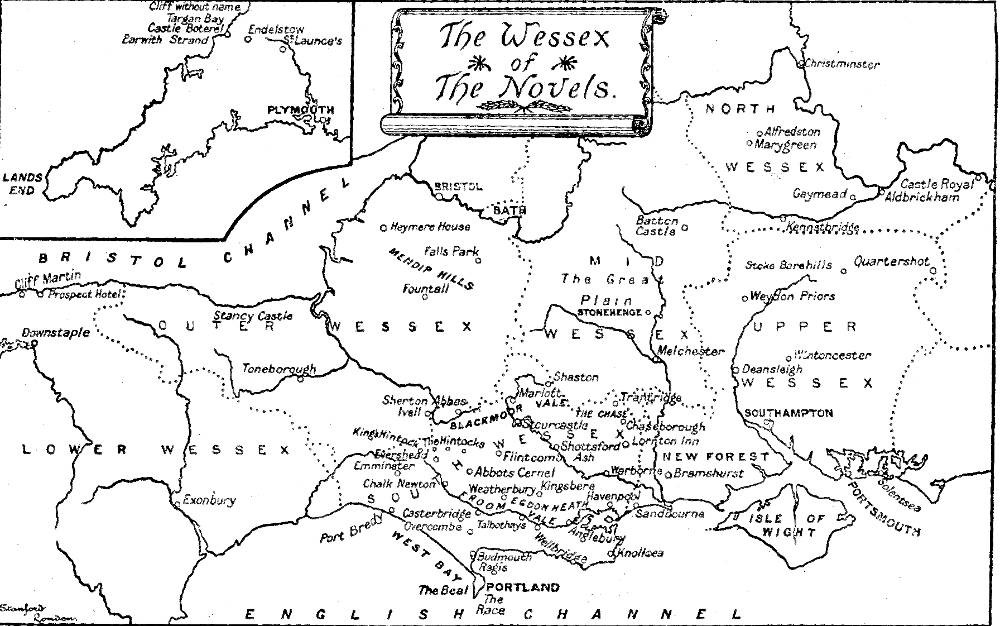 Henry Macbeth-Raeburn's 1895 map titled The Wessex of the Novels, showing southern England with Hardy's literary towns, coastlines, Stonehenge, and the Isle of Wight.