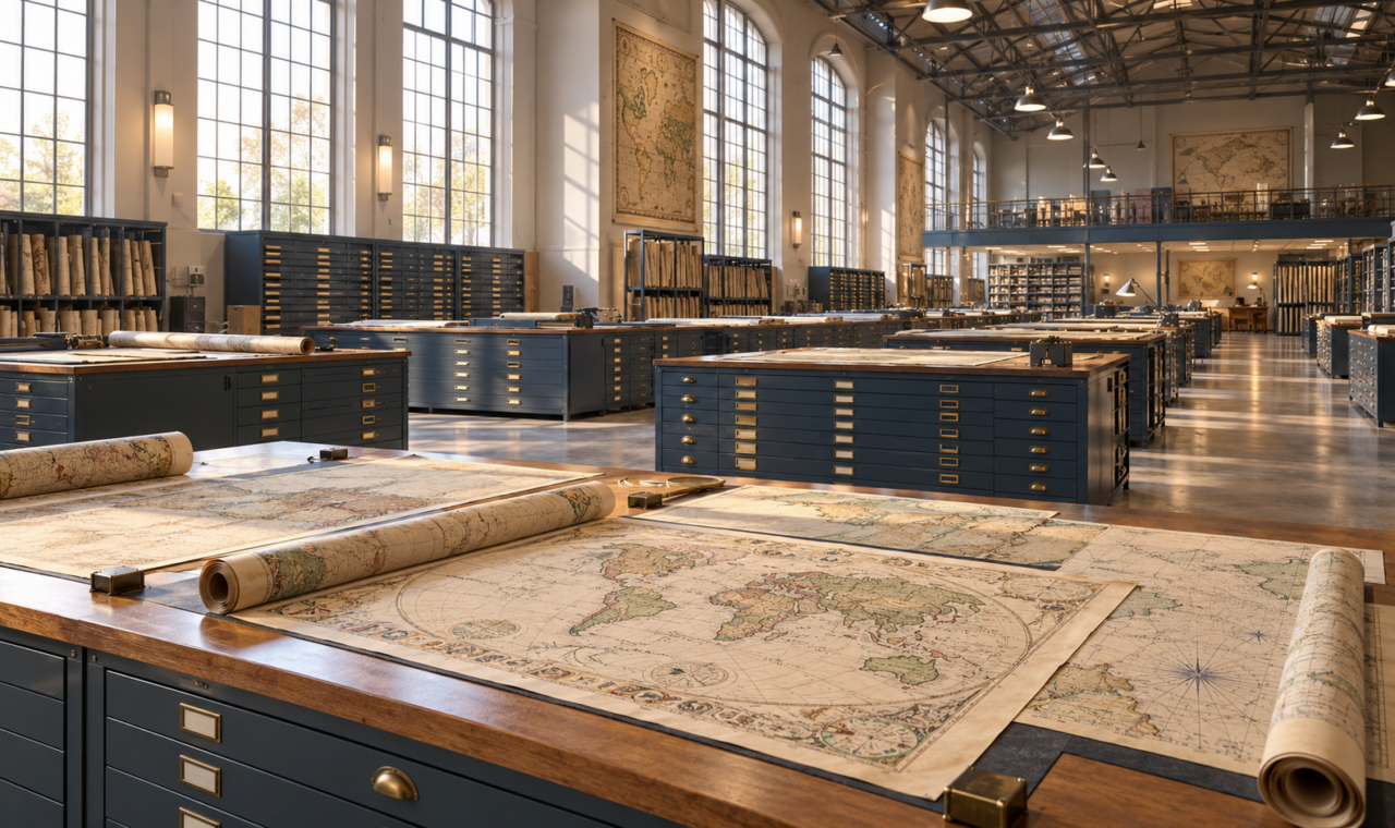 Illustration of a sunlit map room with flat-file cabinets and historic maps spread across tables.