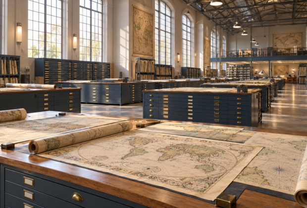 Illustration of a sunlit map room with flat-file cabinets and historic maps spread across tables.