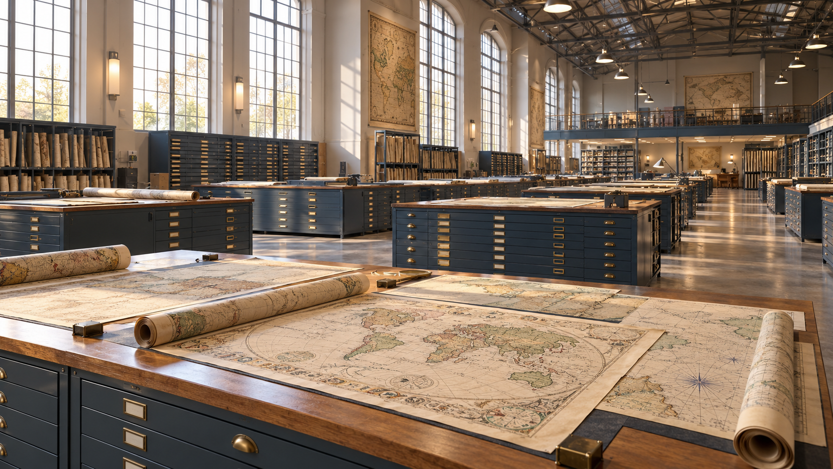 Illustration of a sunlit map room with flat-file cabinets and historic maps spread across tables.