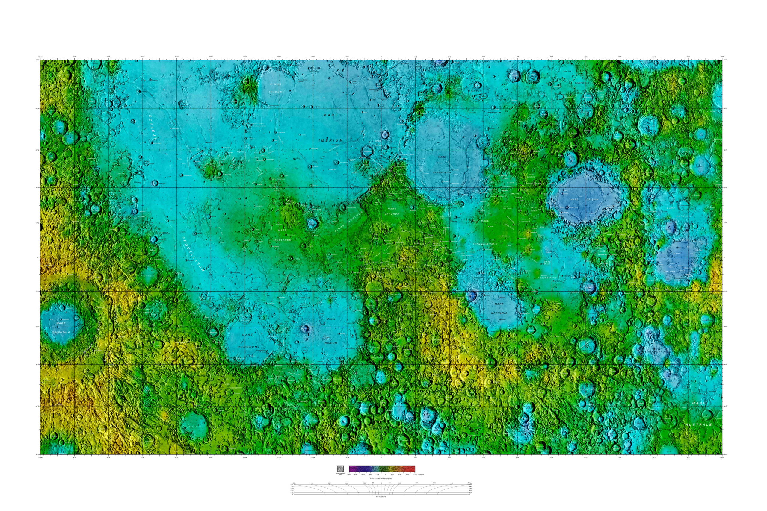 Lunar Near Side: Shaded Relief and Color-Coded Topography — complete selected map sheet