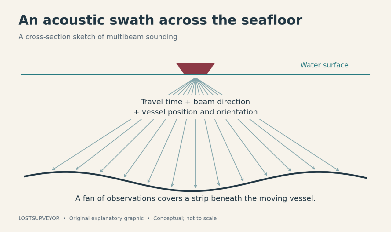 A vessel sends a fan of acoustic observations toward the seafloor; travel time, direction, and vessel motion are parts of the mapping solution.