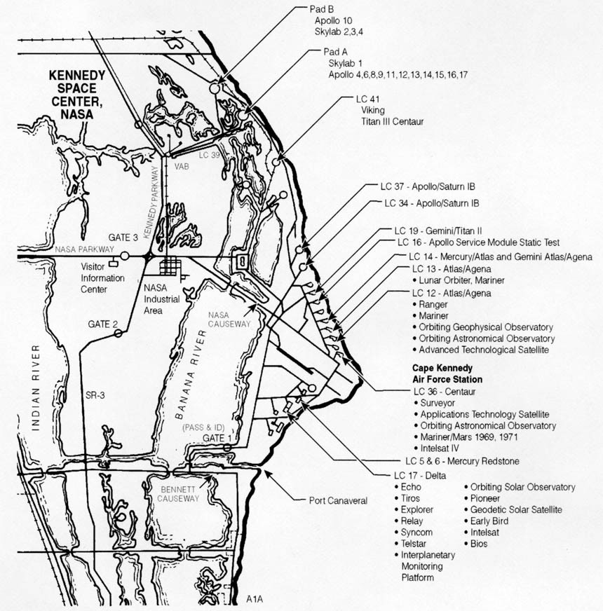Historical NASA map of launch facilities showing Kennedy Space Center on Merritt Island and Cape Kennedy Air Force Station on the neighboring cape.
