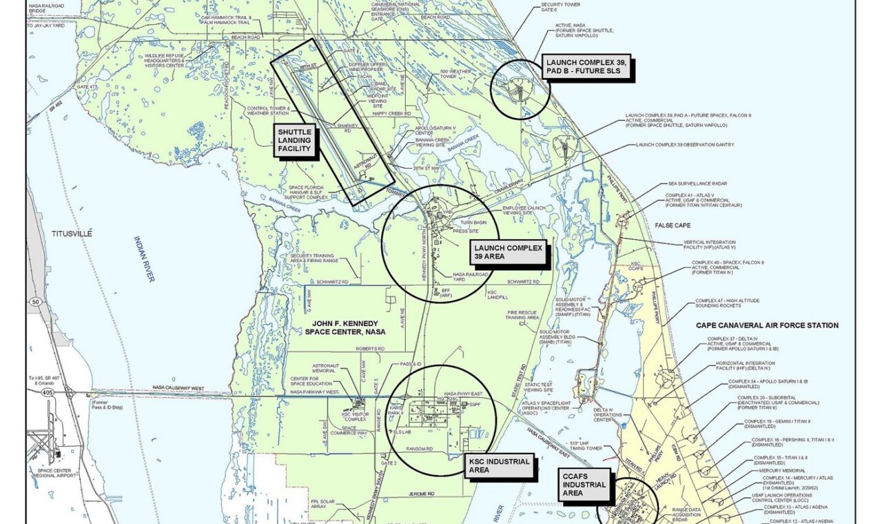 February 2015 NASA map showing Kennedy Space Center on Merritt Island, Cape Canaveral Air Force Station to the east, and the city of Cape Canaveral to the south.