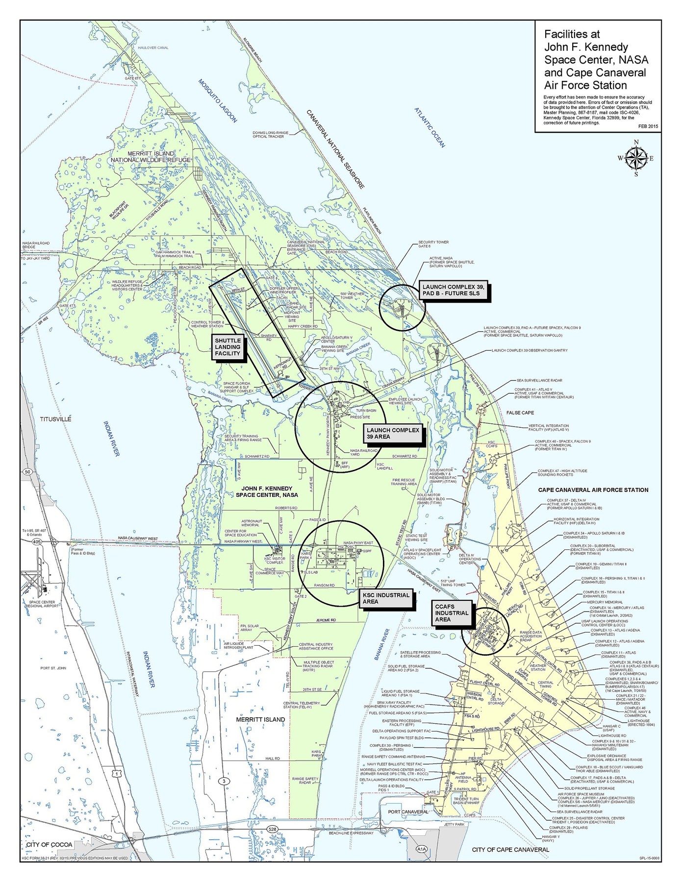 February 2015 NASA map showing Kennedy Space Center on Merritt Island, Cape Canaveral Air Force Station to the east, and the city of Cape Canaveral to the south.