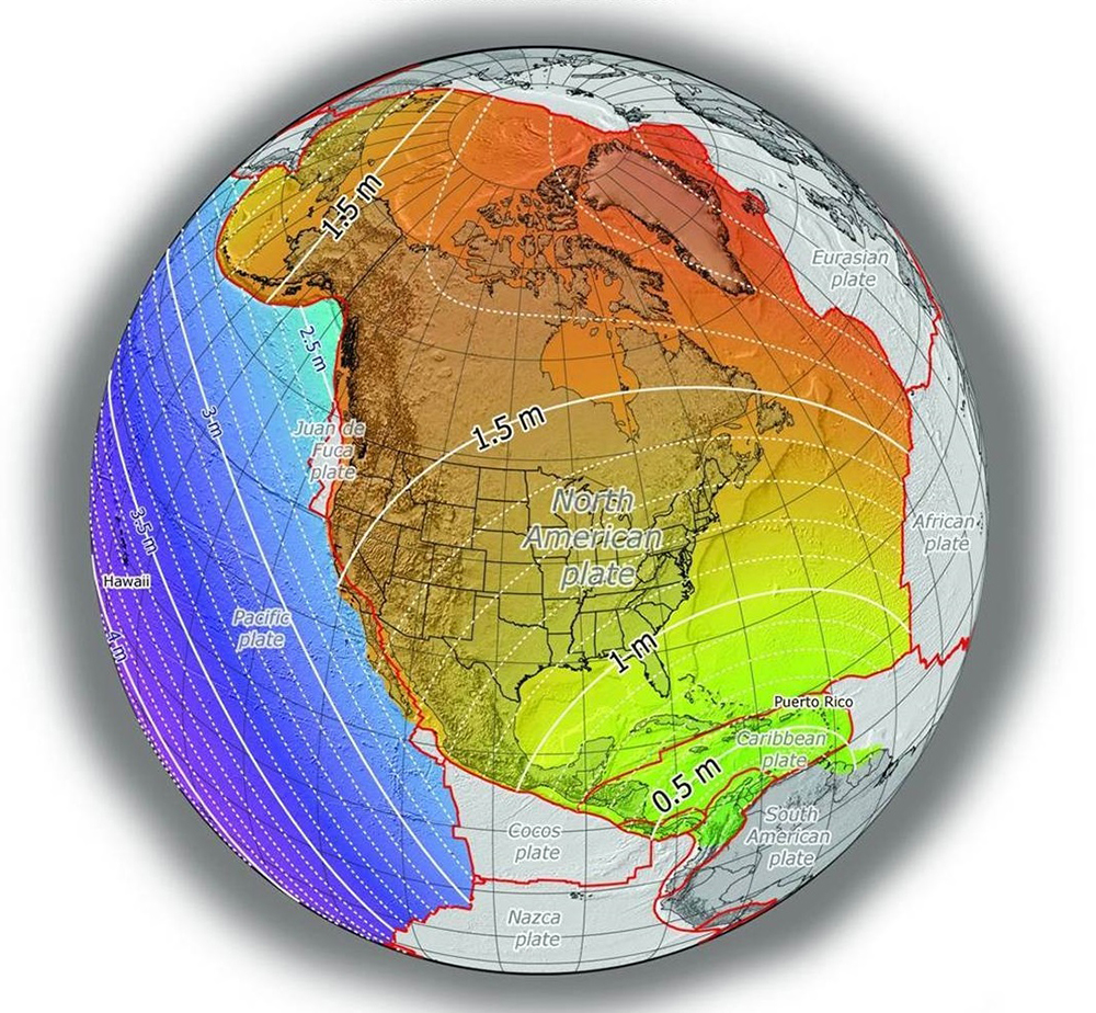 NOAA map illustrating approximate horizontal coordinate change across the North American plate region