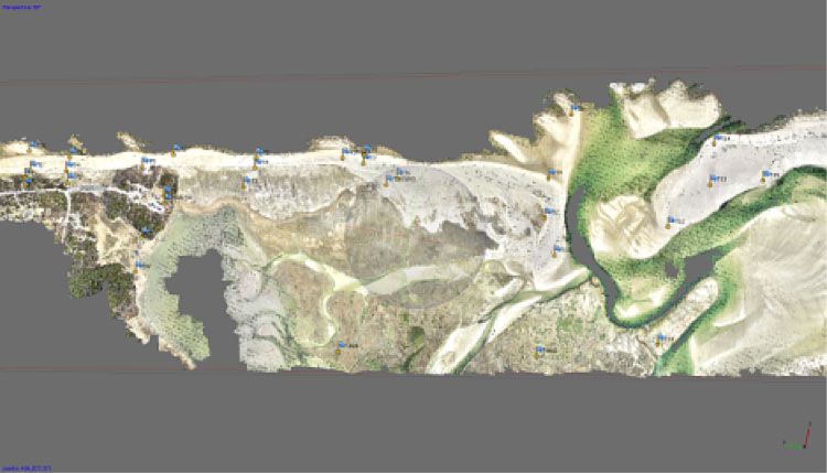 A reconstructed coastal point cloud contains blue flags marking ground-control points.