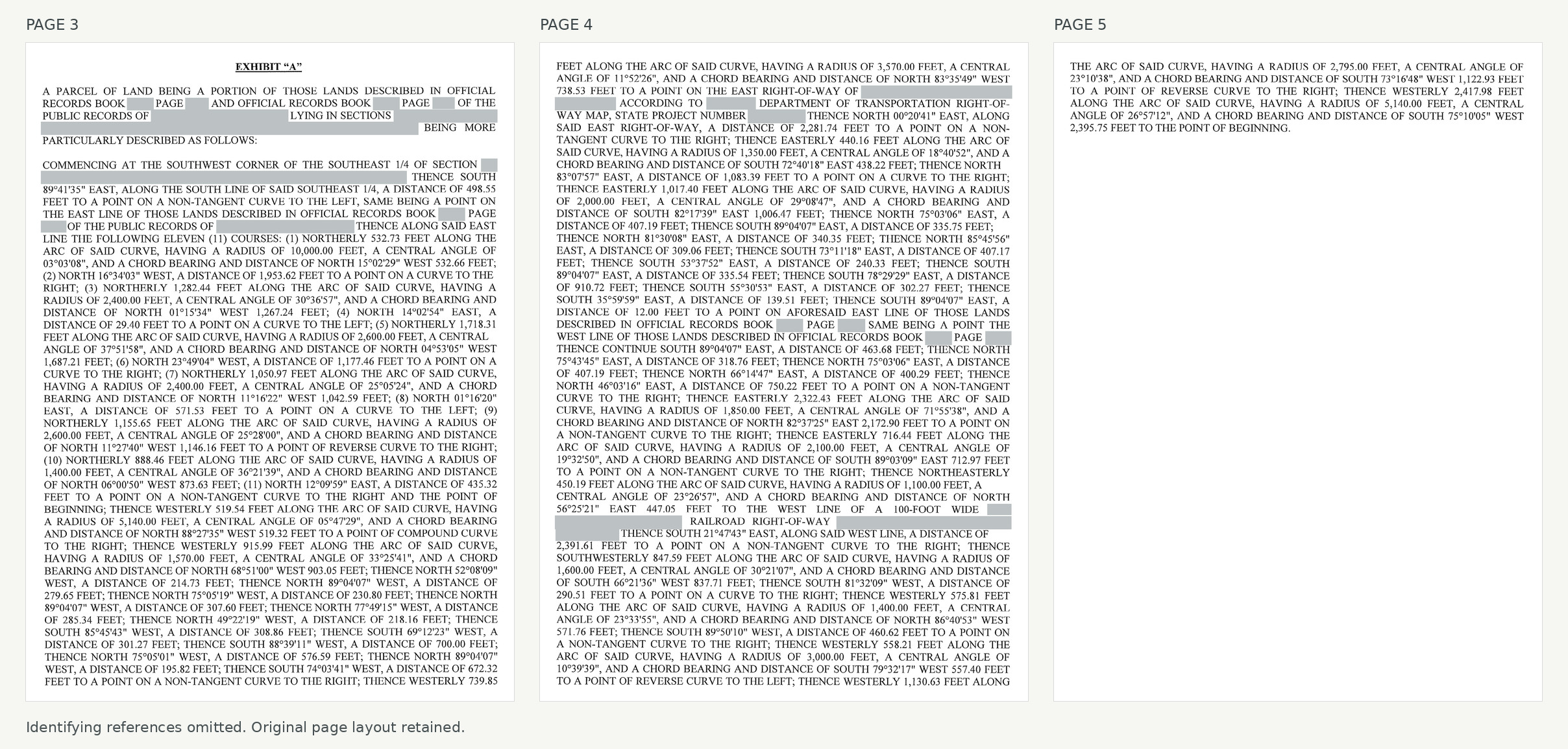 Pages 3 through 5 of a recorded legal description shown side by side, with identifying references obscured. Dense bearings, distances, and curves continue onto a short final page; no sketch is shown.
