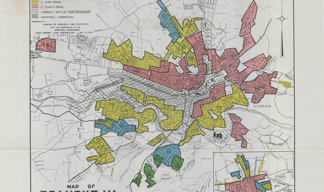 Historic Roanoke map with green, blue, yellow, and red neighborhood appraisal areas, a grade legend, and a Salem inset.