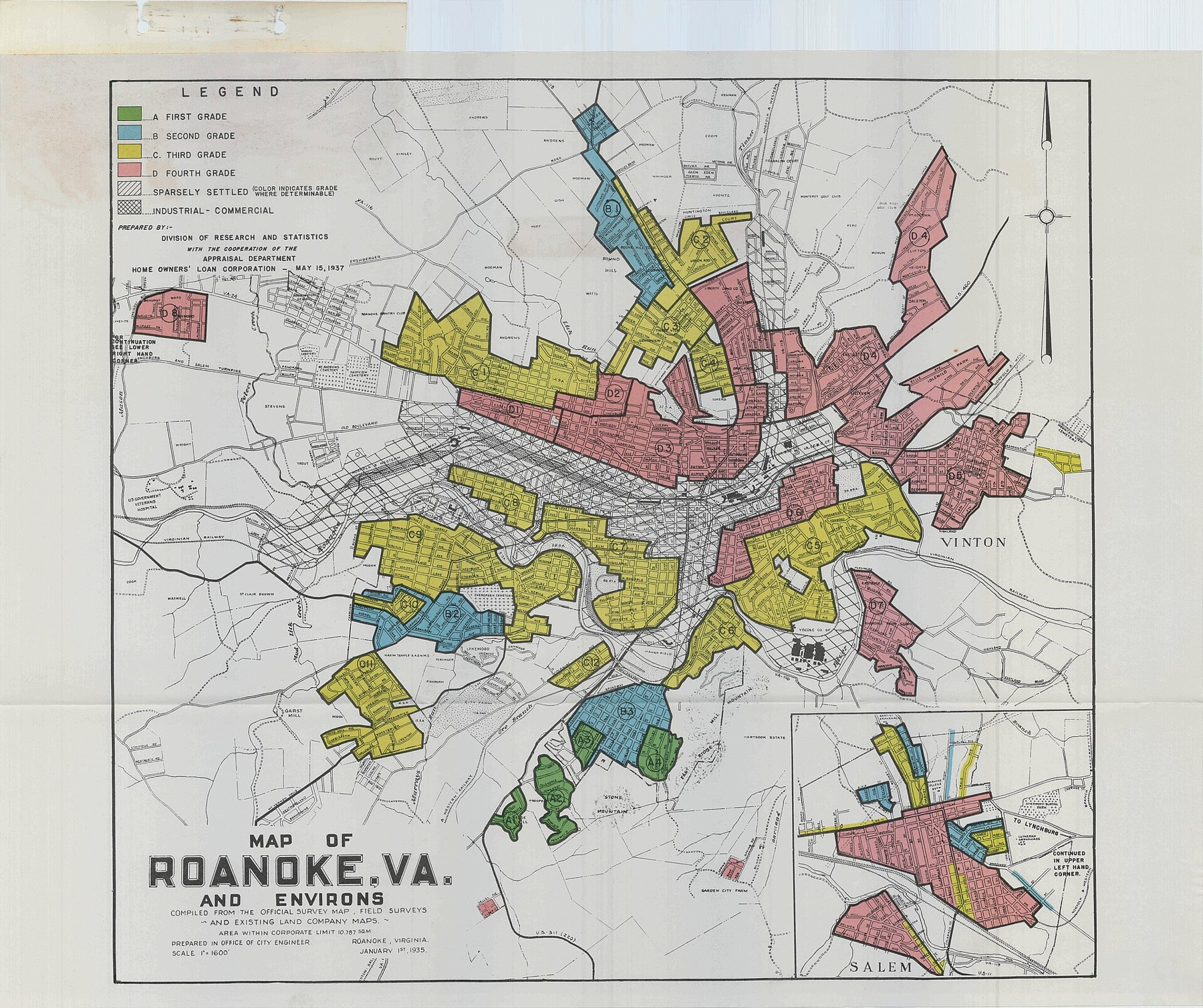 Historic Roanoke map with green, blue, yellow, and red neighborhood appraisal areas, a grade legend, and a Salem inset.