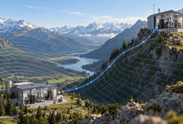 Conceptual mountain landscape with optical atomic clock laboratories at two elevations connected by a precision timing link and overlaid with gravitational contour lines.