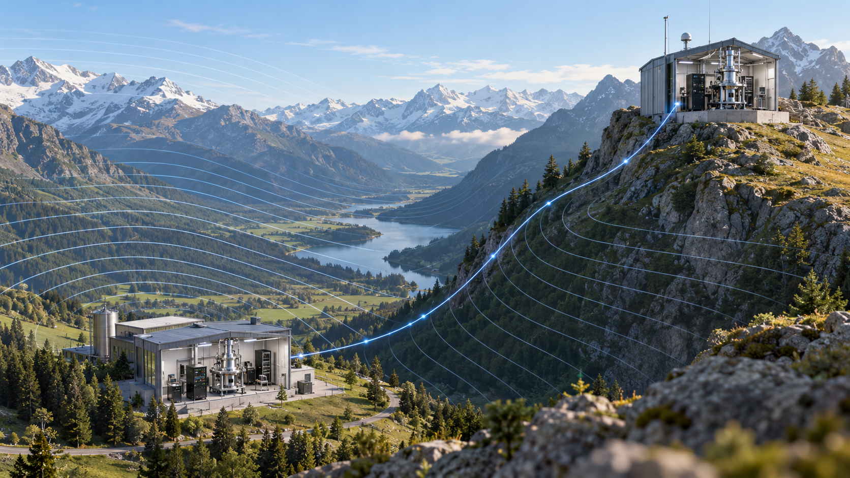 Conceptual mountain landscape with optical atomic clock laboratories at two elevations connected by a precision timing link and overlaid with gravitational contour lines.