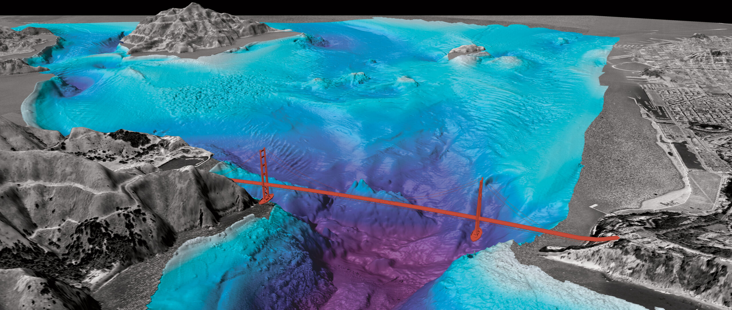 A perspective bathymetric model shows underwater terrain beneath and around the Golden Gate Bridge.