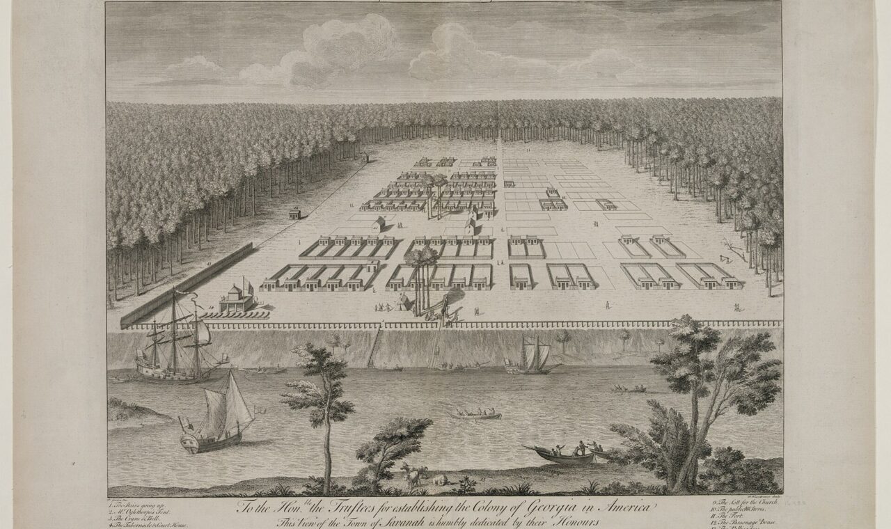 Historic engraved view across the Savannah River toward ordered rows of houses and open spaces in the colonial settlement.