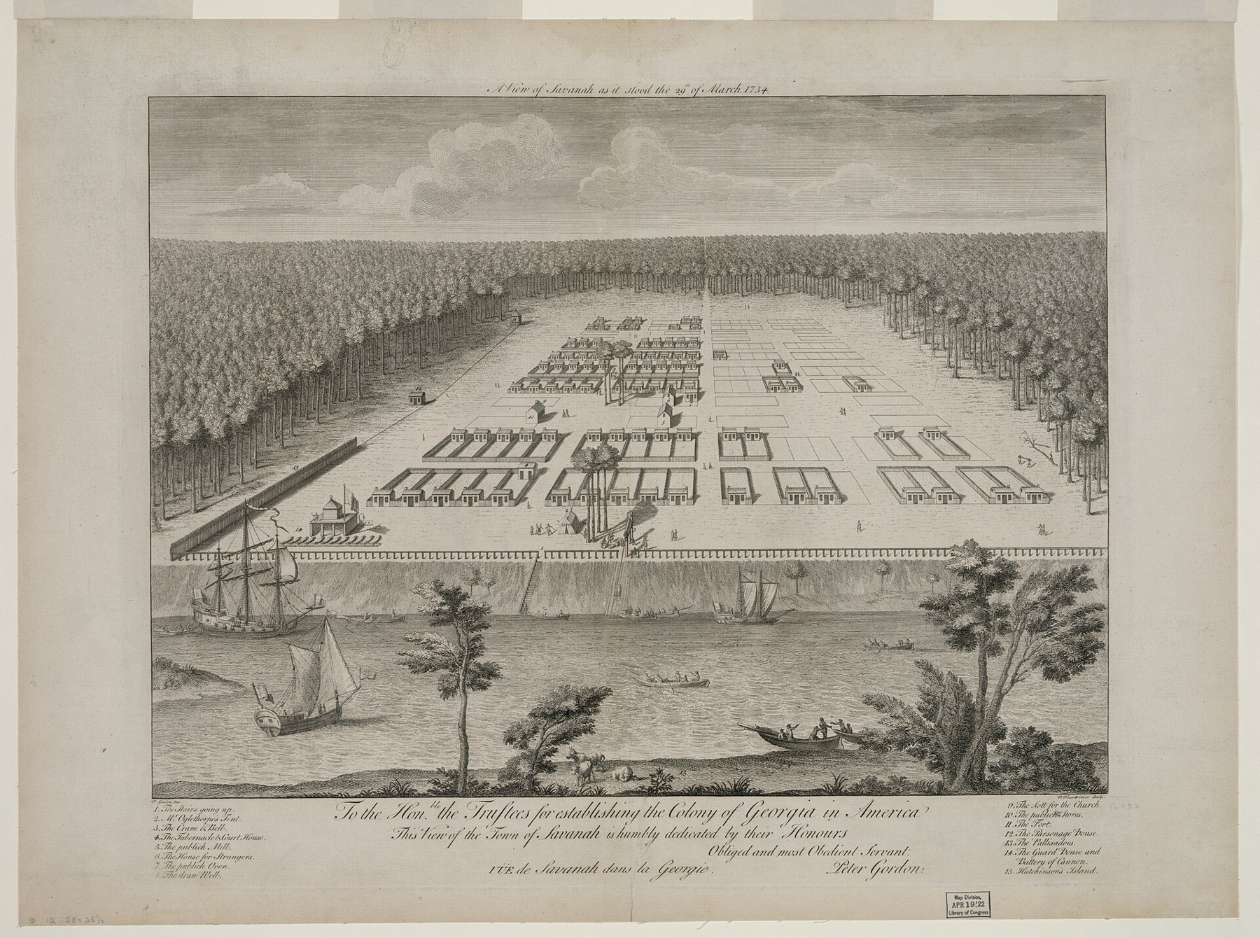 Historic engraved view across the Savannah River toward ordered rows of houses and open spaces in the colonial settlement.