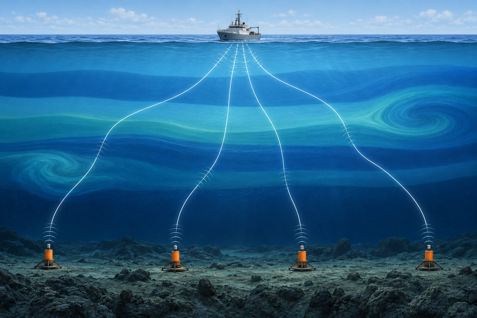 Conceptual ocean cross-section showing curved acoustic ranging paths between a survey vessel and four seafloor transponders through layered water and eddies.