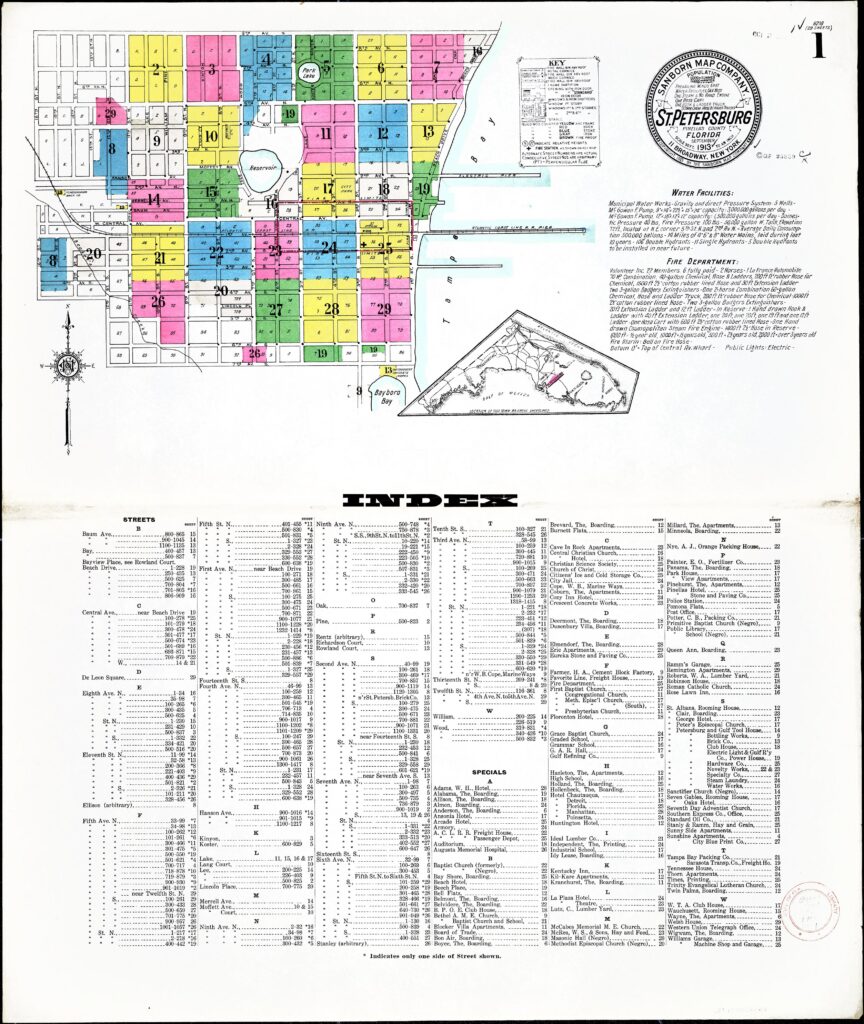 St. Petersburg, Pinellas County, Florida, 1913 — Sheet 1: title, key, index map and street index