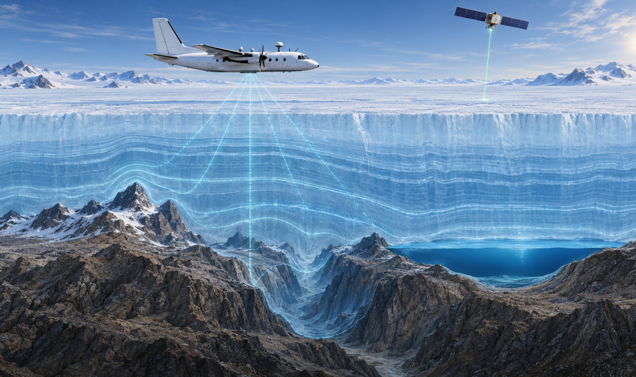 Conceptual polar cutaway with an aircraft using ice-penetrating radar to reveal internal ice layers, buried mountains, a canyon, and a subglacial lake while a satellite measures the ice surface.