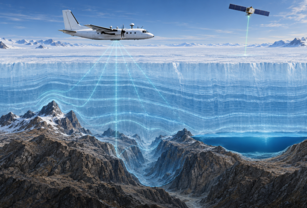 Conceptual polar cutaway with an aircraft using ice-penetrating radar to reveal internal ice layers, buried mountains, a canyon, and a subglacial lake while a satellite measures the ice surface.
