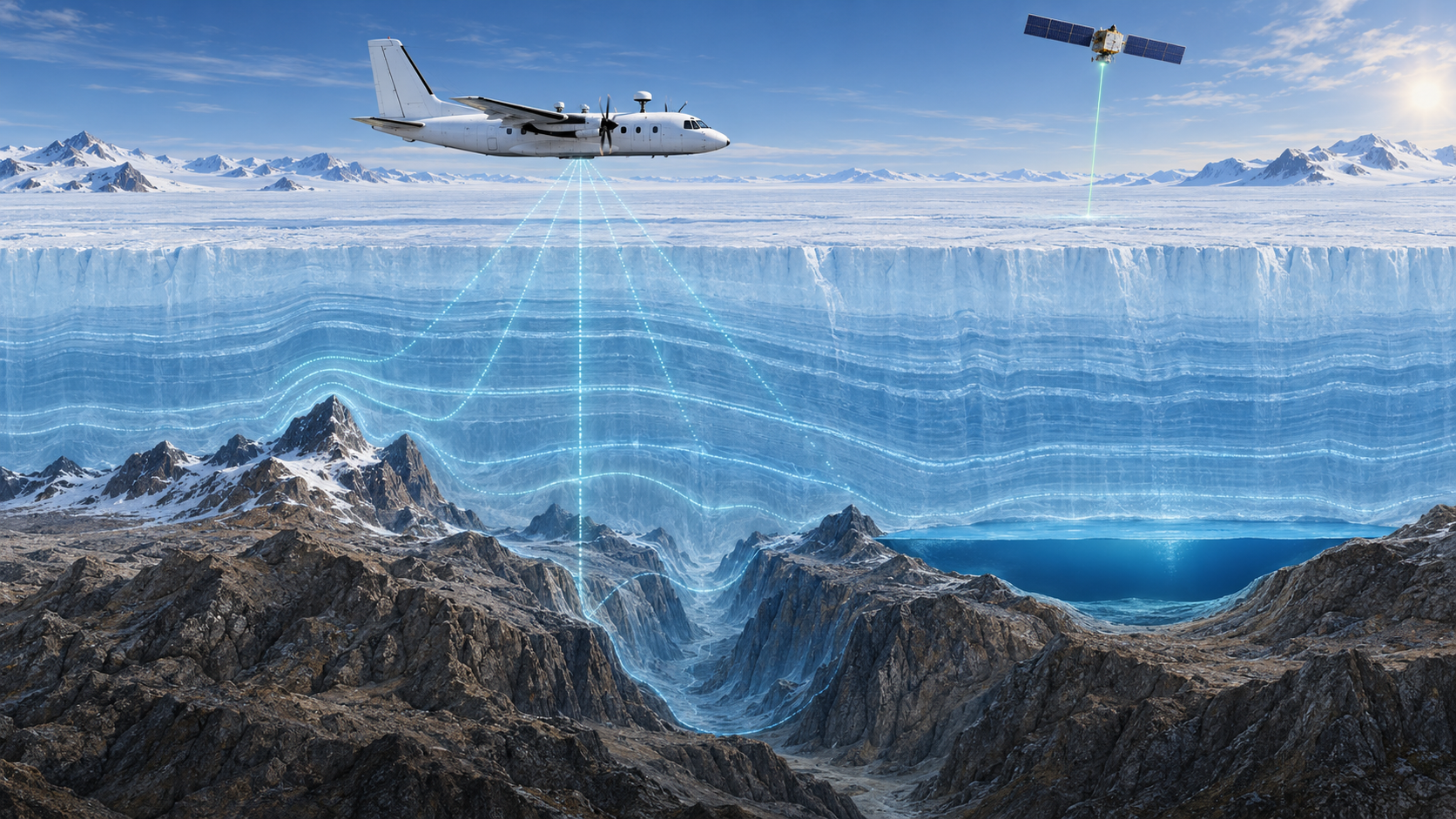 Conceptual polar cutaway with an aircraft using ice-penetrating radar to reveal internal ice layers, buried mountains, a canyon, and a subglacial lake while a satellite measures the ice surface.