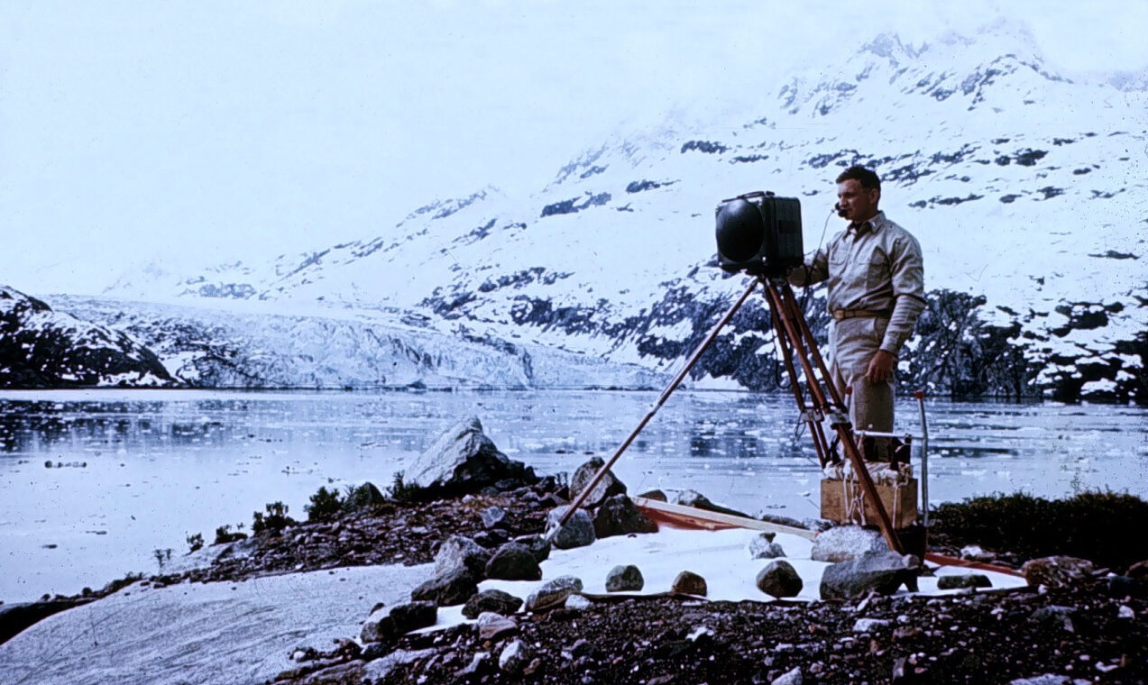 A Tellurometer on a tripod at a National Geodetic Survey station overlooking Columbia Glacier in Alaska.