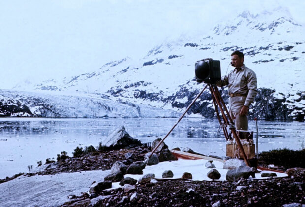 A Tellurometer on a tripod at a National Geodetic Survey station overlooking Columbia Glacier in Alaska.