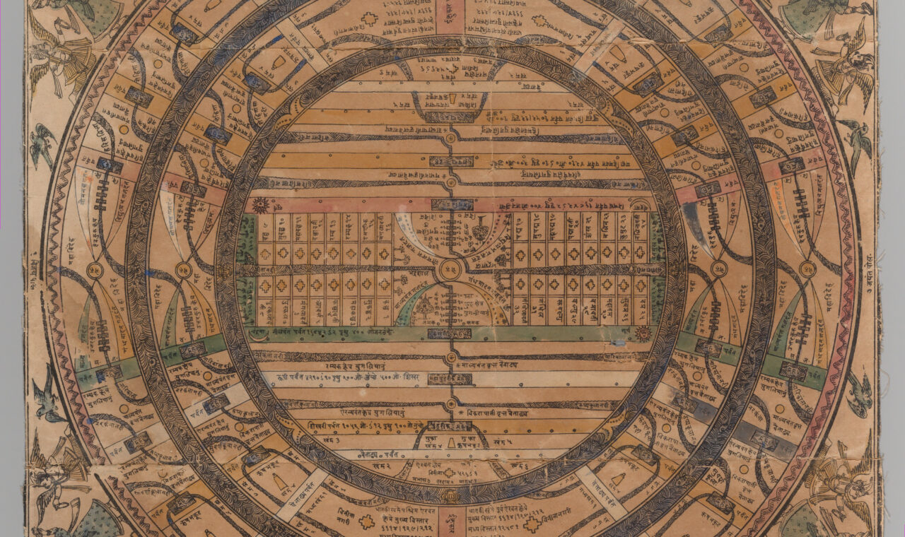 Jain cosmological map with concentric rings of continents and oceans around Mount Meru, dated 1900.