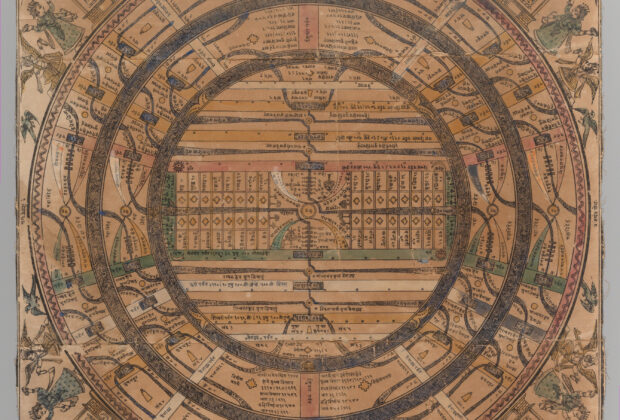 Jain cosmological map with concentric rings of continents and oceans around Mount Meru, dated 1900.