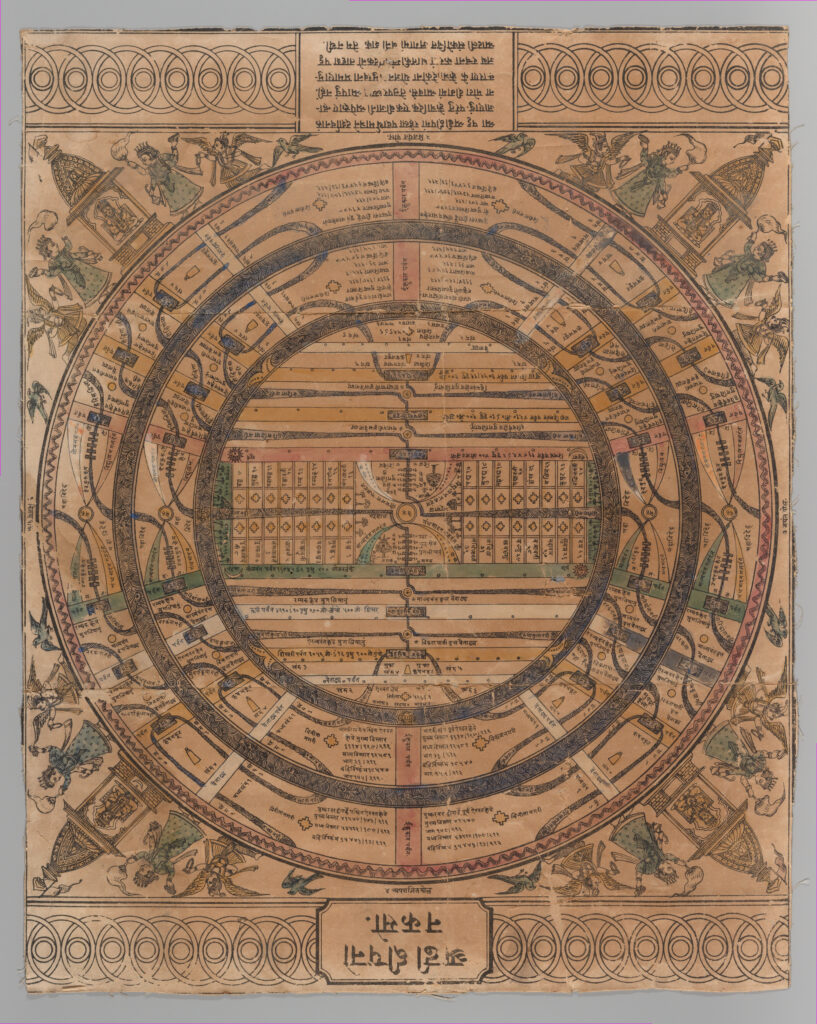 Jain cosmological map with concentric rings of continents and oceans around Mount Meru, dated 1900.