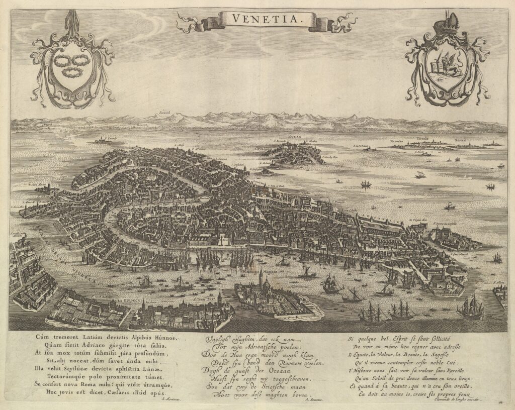 Bird’s-eye view of Venice, etched in the mid-seventeenth century, with ships in the lagoon and text beneath.