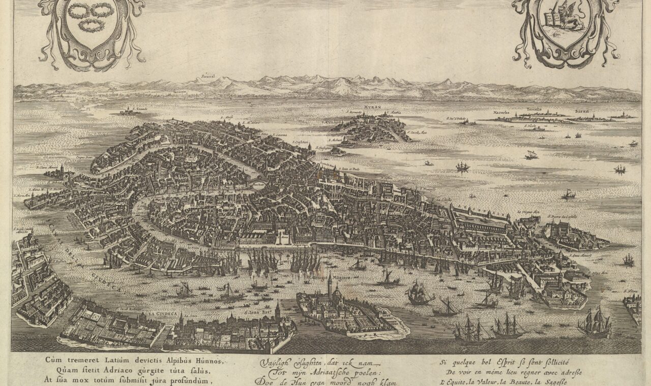 Bird’s-eye view of Venice, etched in the mid-seventeenth century, with ships in the lagoon and text beneath.