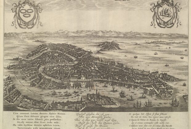 Bird’s-eye view of Venice, etched in the mid-seventeenth century, with ships in the lagoon and text beneath.