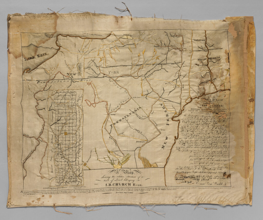Embroidered map sampler in silk on silk, made in New York around 1810.
