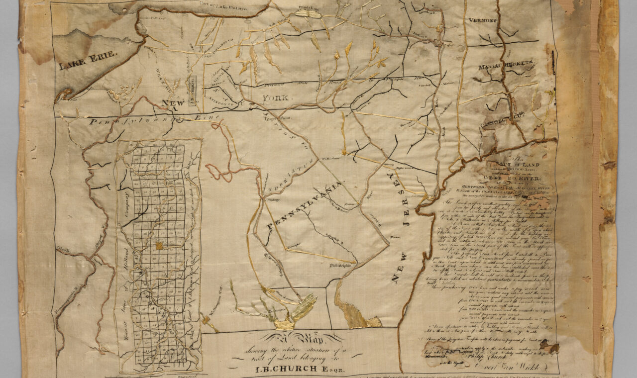 Embroidered map sampler in silk on silk, made in New York around 1810.