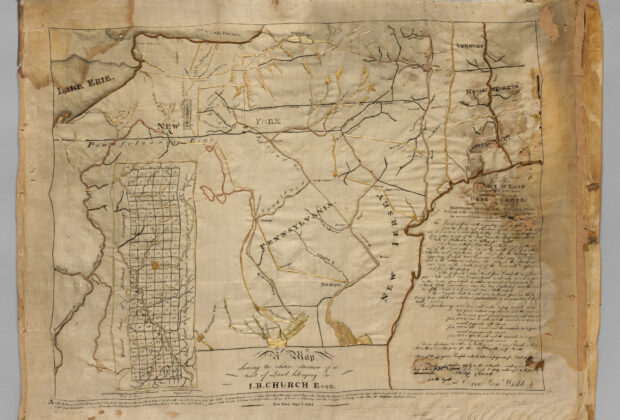 Embroidered map sampler in silk on silk, made in New York around 1810.