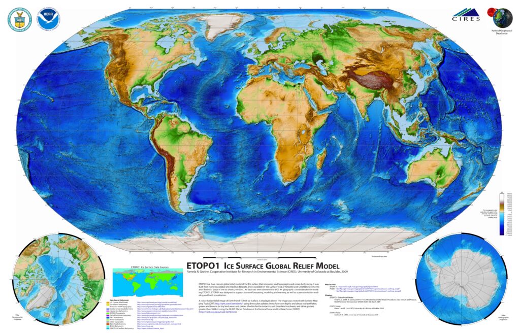 Atlantic-centered ETOPO1 global relief map, showing mountain elevations and ocean-floor depths with a color legend.