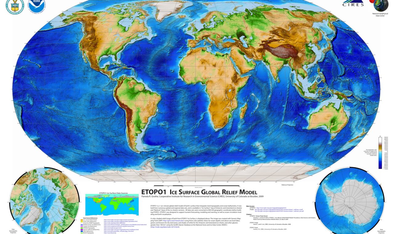 Atlantic-centered ETOPO1 global relief map, showing mountain elevations and ocean-floor depths with a color legend.