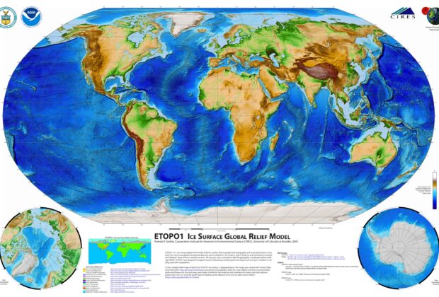 Atlantic-centered ETOPO1 global relief map, showing mountain elevations and ocean-floor depths with a color legend.
