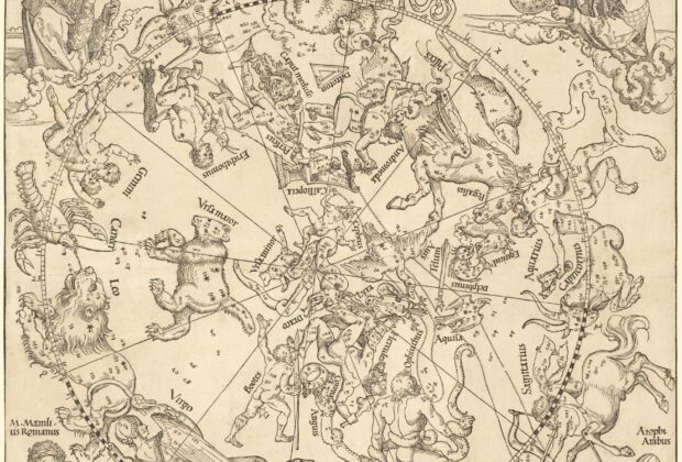 Albrecht Dürer’s northern celestial hemisphere, with constellation figures in a circular star chart and astronomers at the corners.