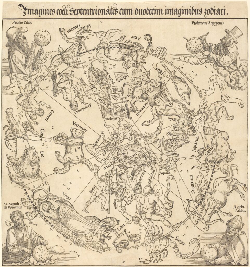 Albrecht Dürer’s northern celestial hemisphere, with constellation figures in a circular star chart and astronomers at the corners.